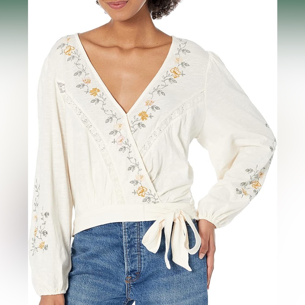 Lucky Brand Women's Long Sleeve Embroidered Surplice Wrap Top